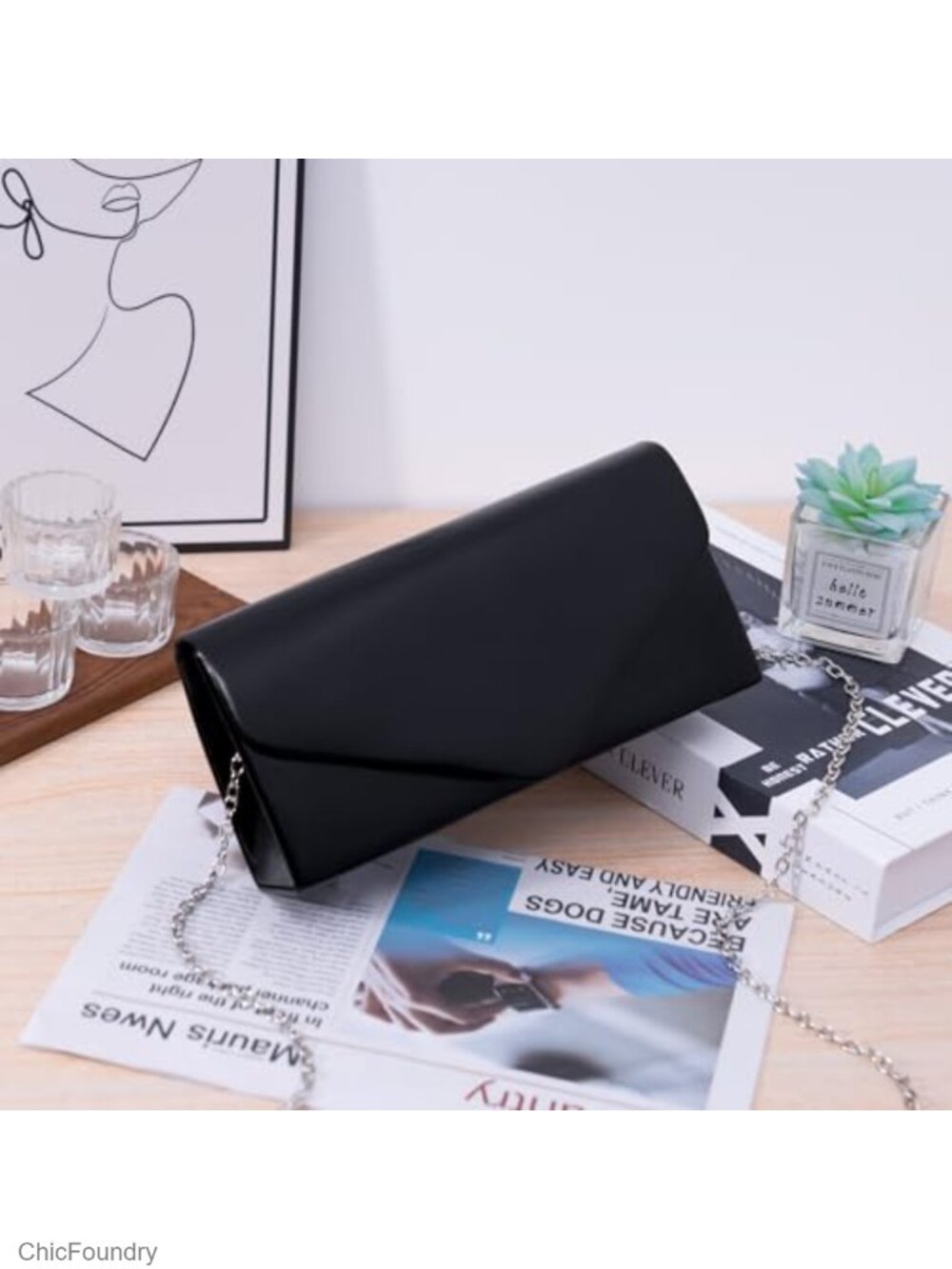 Envelope Clutch Purse for Women, Vegan Leather Evening Bag with Detachable - Picture 2 of 6